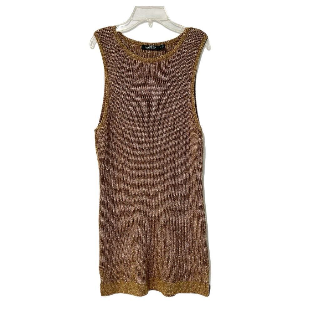 Lauren Ralph Lauren Gold Metallic Sweater Pullover Tunic Top L Linen Blend Prepp